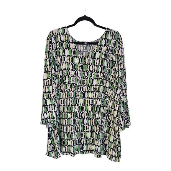 Apostrophe Womens Blouse 20/22W Black Green White V-Neck Stretch Geo 3/4 Sleeve - Picture 1 of 9